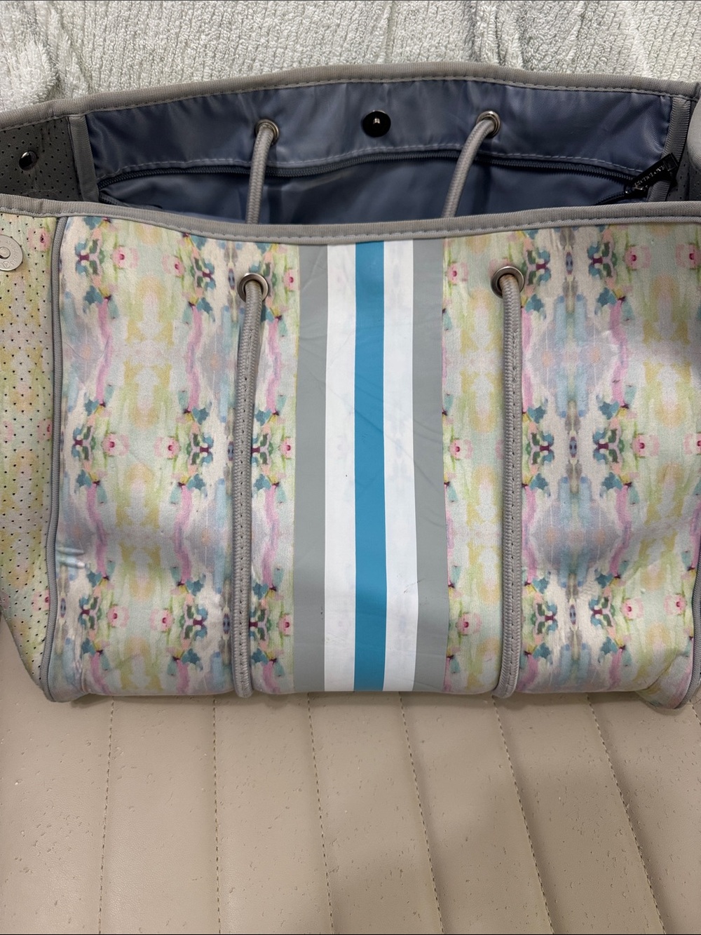 Pastel Floral Tote with Center Blue Stripe - Gray Trim